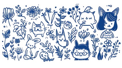 Cute Hand-Drawn Cartoon Characters with Animals and Flowers in Blue and White