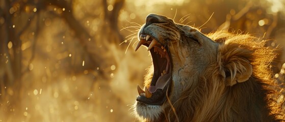 Lion roaring loudly, asserting its presence and authority in the wild