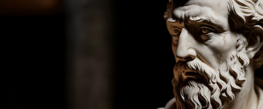 Close-up portrait marble bust serene stoic philosopher weathered