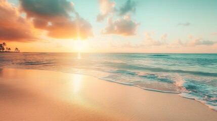 Obraz premium Beautiful sunset at a beach resort in the tropics, luxury tropical panorama beach background