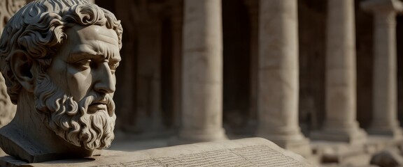 Obraz premium Solitary marble head stoic philosopher resting on ancient