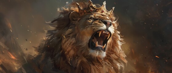 A fierce lion with a royal crown atop its head, roaring loudly, asserting its dominance and sovereignty over the land