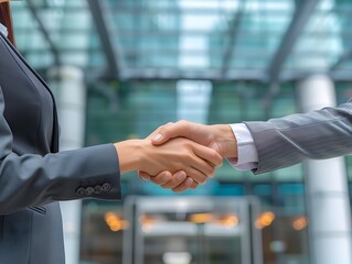 Business Leaders Shaking Hands in Front of Modern Office Building