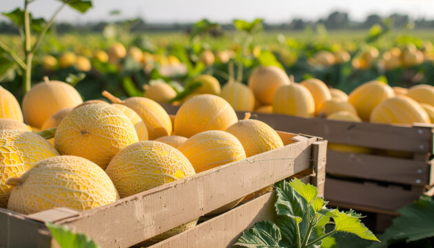 fresh harvested melons in boxes in the field