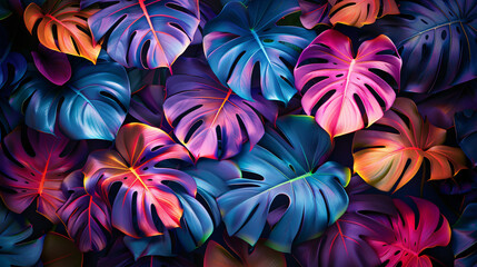 Monstera leaves forming an abstract pattern with vibrant colors