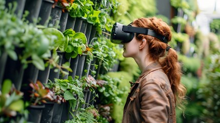 Fototapeta premium Futuristic Urban Vertical Farm with VR Headset User Exploring Advanced Agricultural Technologies