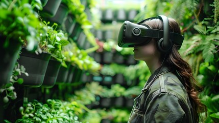 Futuristic Urban Farm with VR Headset User Tending to Vertical Gardens and Advanced Agricultural Tools