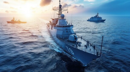 Fototapeta premium Modern Naval Warships at Sea During Sunset with Dramatic Clouds and Blue Ocean Waves.