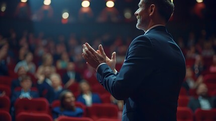 Successful Business Leader Delivering Inspiring Keynote Speech with Enthusiastic Audience Applauding
