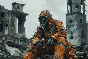 Obraz premium Survivor in Gas Mask and Hazmat Suit Among Ruins.