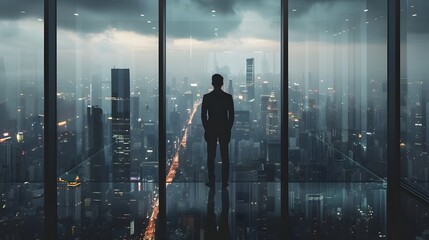 Obraz na płótnie Canvas Ambitious Business Leader Overlooking Bustling City Skyline from Stylish Office