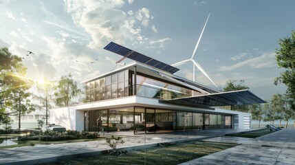 Obraz premium Technical drawings of a modern renewable energy plant with integrated solar and wind power systems