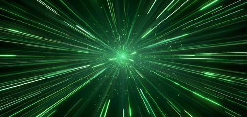 Fototapeta premium Dark green background with light rays and glow, green lines, laser effect and speed motion background