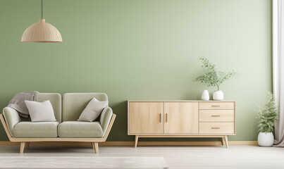 Stylish living room interior with green walls wooden commode and comfortable sofa