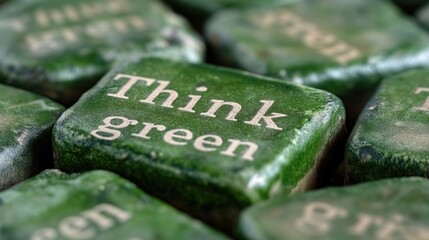 Closeup of Green Stone with Inscription 'Think Green' Promoting Environmental Awareness.