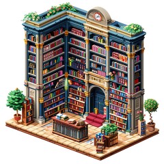 Fototapeta premium 3D Pixel art of a Libraries, isometric style, Attractive colors, isolated on white background, centered in frame