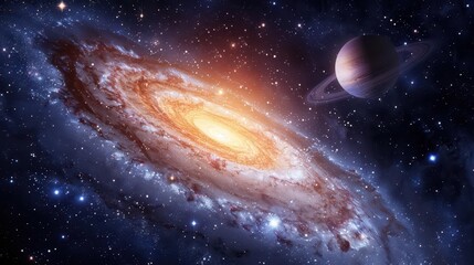 A decorative solar system poster, filled with beautifully illustrated planets, glowing nebulae, and sparkling stars, all set against the backdrop of a vast galaxy