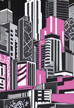 Modern Cityscape Illustration With Black, White, and Pink Line Art
