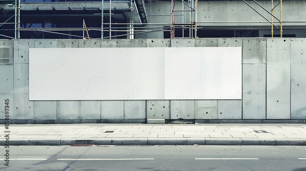 Aufkleber blank long white hoarding with space for mockup information located in front of construction site wi