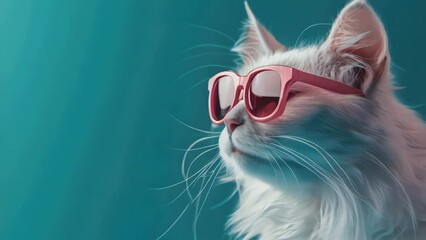A cute white cat wearing red glasses on its face.