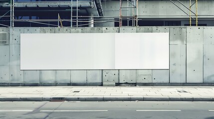 Blank long white hoarding with space for mockup information located in front of construction site with closed scaffold : Generative AI