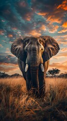 Fototapeta premium Majestic Elephant in a Dramatic Grassland Landscape with Stunning Sky