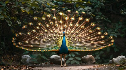Obraz premium Proud Peacock with Magnificent Tail Feathers in Full Fan Display Wildlife Portrait Concept with Copy Space