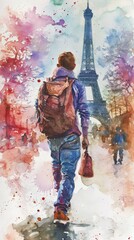 Obraz premium Wanderlust in Watercolor: Paris Traveler as a Tourist