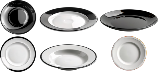 Shiny plate isolated on transparent background, side view and top view Black and white plate png, plate empty, Black dish