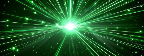 Obraz premium Dark green laser beams background. Abstract light effect with rays of neon glow on black backdrop