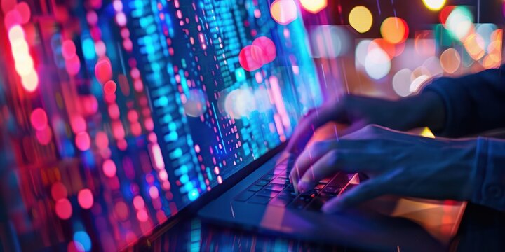 Digital technology, software development concept. Coding programmer, software engineer working on laptop with circuit board and javascript on virtual screen, internet of things IoT