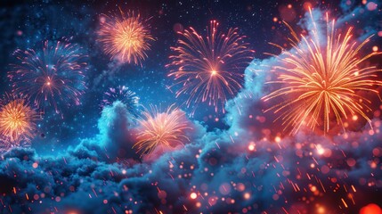 Fireworks Display Over a Cloudy Night Sky