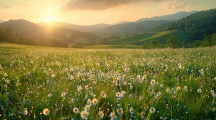 Fototapeta premium A panoramic view of a verdant meadow, bathed in the golden light of a setting sun. Delicate pollen particles are visible in the warm glow, enhancing the natural beauty of the scene. The green hills