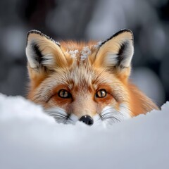 Fototapeta premium Curious Red Fox Peeking Out from Snowy Den Sharp Eyes and Fluffy Tail