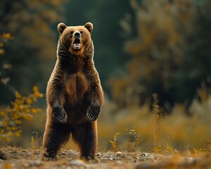 Obraz premium Powerful Grizzly Bear Roaring in the Wilderness with Copy Space