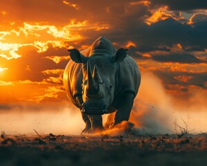 Fototapeta premium Powerful Rhino in Dramatic Sunset Landscape Wildlife Portrait