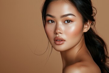 Naklejka premium Young asian woman with clean smooth fresh skin on neutral background, Face care, Facial treatment, Cosmetology, beauty and spa, Asian women portrait