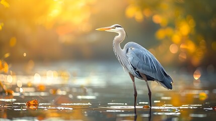 Naklejka premium Graceful Heron Poised Patiently Fishing in Shallow Tranquil Waters