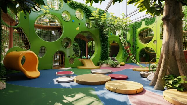 Colorful and modern indoor playground with green walls, circular windows, and various play equipment for children to enjoy.