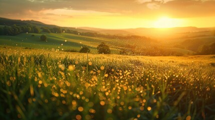 Obraz premium A captivating image of a lush grass field set against a backdrop of green hills. The warm light of the setting sun casts a golden hue over the scene, with pollen particles clearly visible, creating a