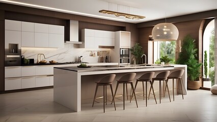 Modern minimalist modular kitchen interior design, light brown color theme home kitchen decor interior design 
