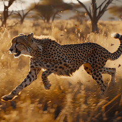 Majestic Cheetah in Epic Sprint: Detailed 8K Footage of Fast Predator Racing Across Savanna with Dramatic Lighting