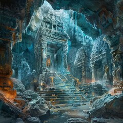 Obraz premium Mysterious ancient temple illuminated by ethereal light in a mystical cave setting