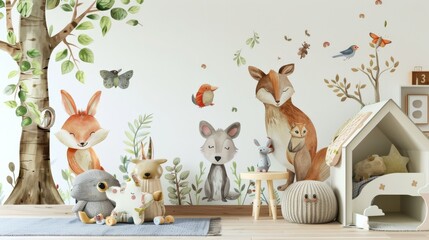 Cute nursery room with animal-themed wall art and children's toys, featuring woodland creatures and a cozy play area.