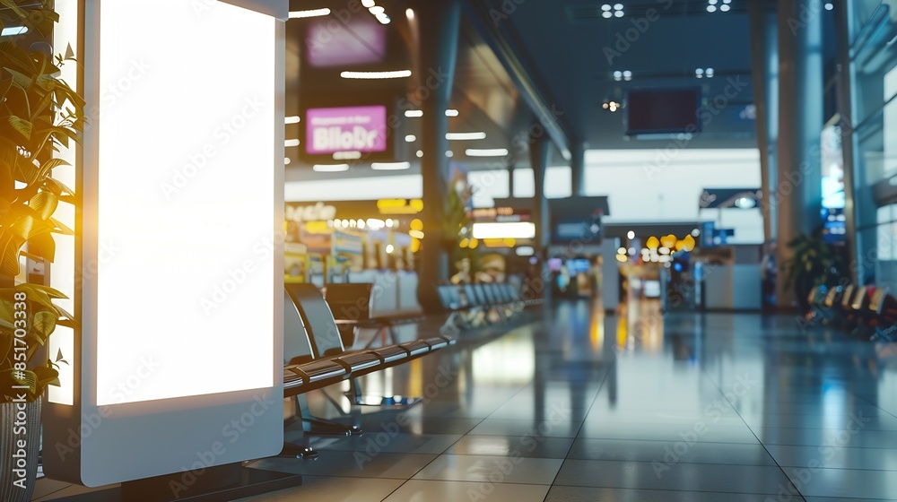 Aufkleber sign and billboard mockup at duty free shop in departure terminal to promote your business or organi