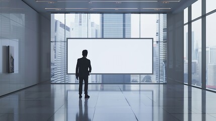 Fototapeta premium Businessman in black suit goes by blank white poster on the wall in the center of empty spacious hall with city view : Generative AI