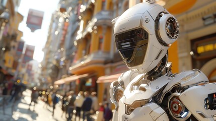 Hyperrealistic android robot journalist reporting live from a bustling city street, detailed surroundings and equipment, dynamic human job scene