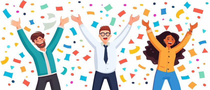 illustration of happy people celebrating with confetti, showing joy, excitement, and positive emotions against a white background.