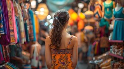 Obraz premium Fashionista Exploring a Vibrant Summer Marketplace with Colorful Stalls and Displays