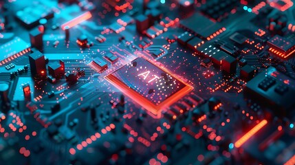 Obraz premium AI Circuit Board - Futuristic Electronic Microchip with Glowing Lights